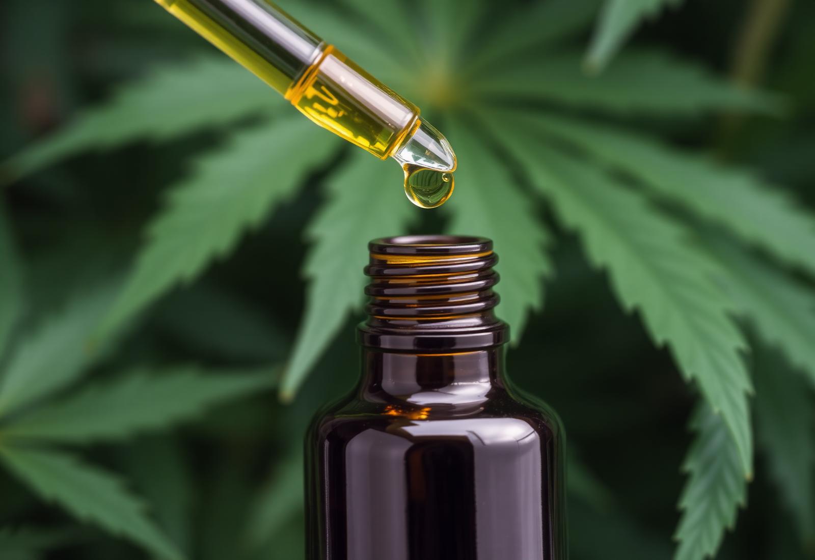 CBD oil dropper releasing oil over hemp leaves